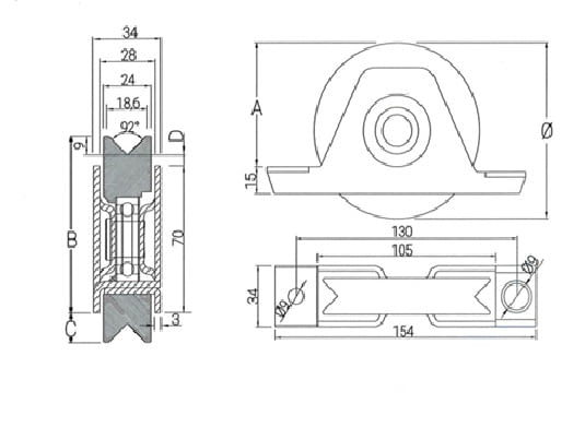 Esquema medidas ruedas 90 y 100 con canal angular y soporte de atornillar